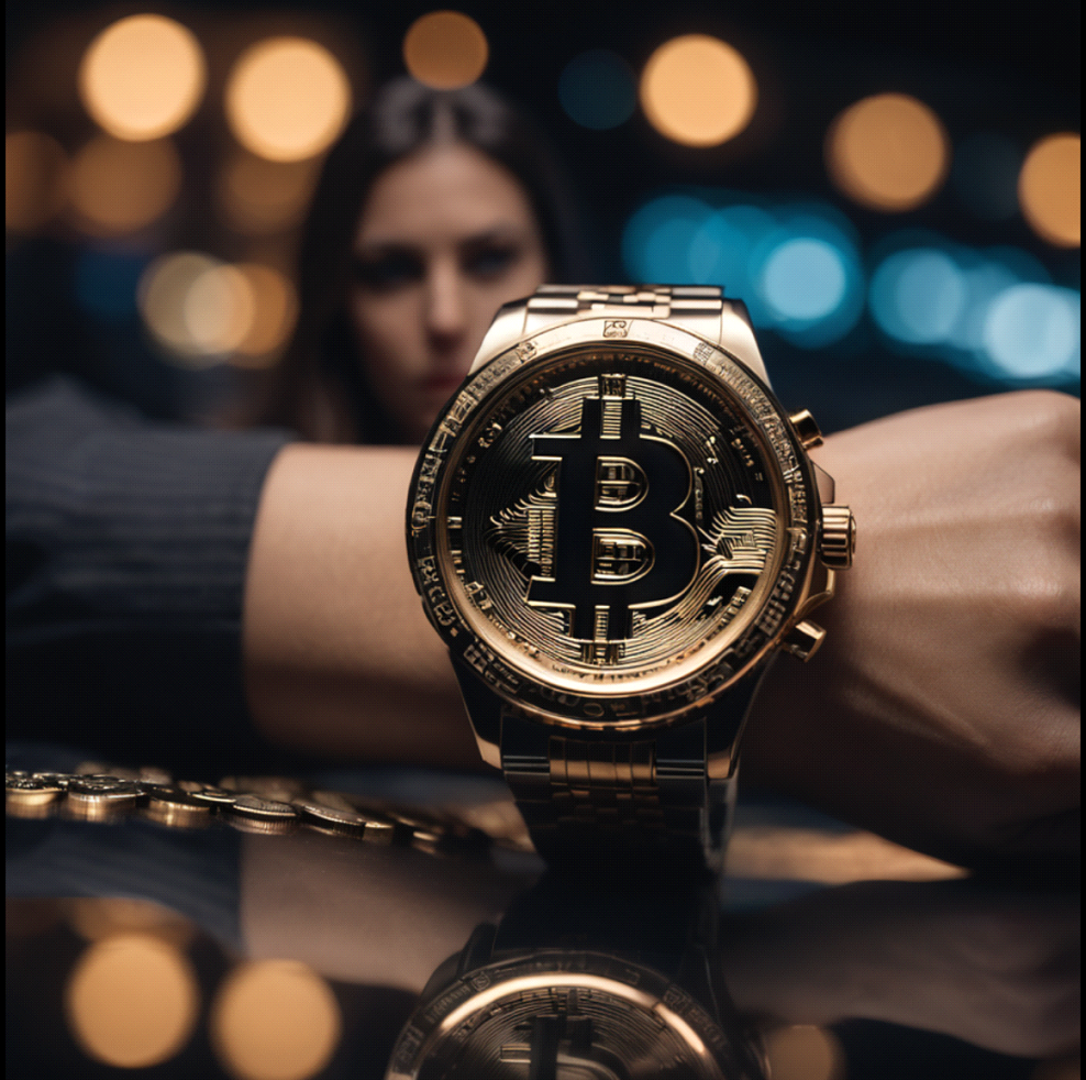 golden watch with bitcoin logo embossed into watch