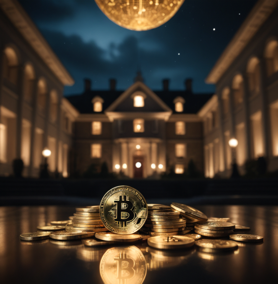 golden coins laying in a pile in front of mansion. the golden coins have a bitcoin logo on them